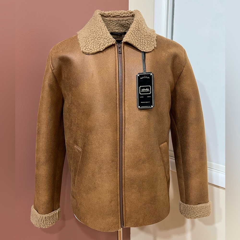 Camel Suede Bomber Jacket with Plush Lining